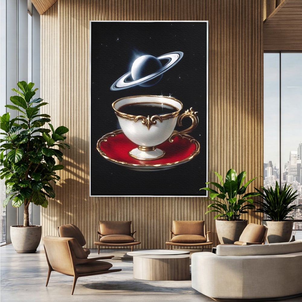 Tablou canvas cu tablou canvas cu ceasca si planeta, in rama de aluminiu argintiu, pe perete intr-un birou